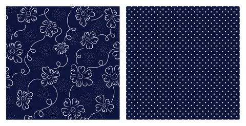 Set of floral seamless pattern and polka dot pattern. Stock Illustration