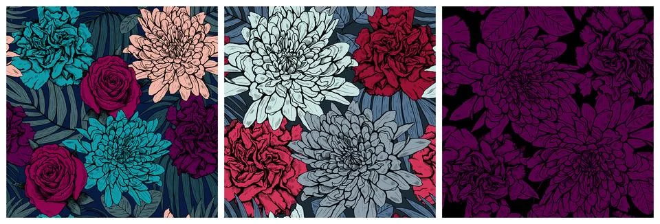 Set of floral seamless patterns with different blooming flowers and leaves. M Illustrazione stock