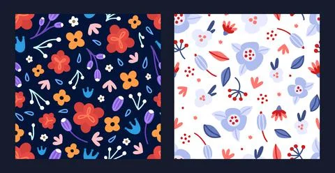 Set of floral seamless patterns. Hand drawn beautiful flowers. Colorful repea Stock Illustration