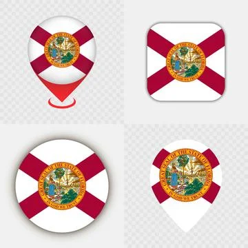 Set of Florida State Flag Icons and Map Pins. Stock Illustration