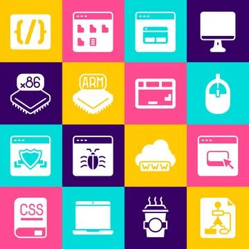 Set Flowchart, Browser files, Computer mouse, Search engine, Processor, with Illustrazione stock