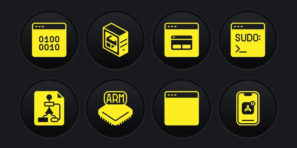 Set Flowchart, Code terminal, Processor, Browser window, Search engine, Computer Stock Illustration
