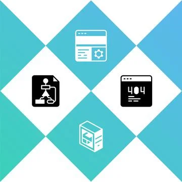 Set Flowchart, Computer, Debugging and Page with 404 error icon. Vector Stock Illustration