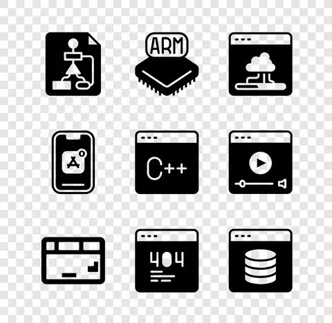 Set Flowchart, Processor, Cloud technology data transfer, Keyboard, Page with Illustrazione stock