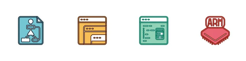Set Flowchart, Software, and Processor icon. Vector Illustrazione stock