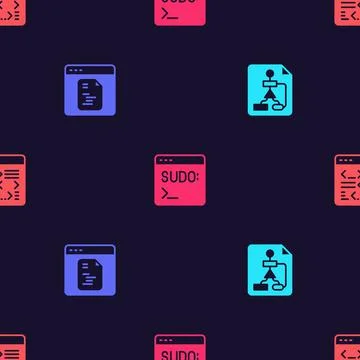 Set Flowchart, Software, Code terminal and on seamless pattern. Vector Stock Illustration