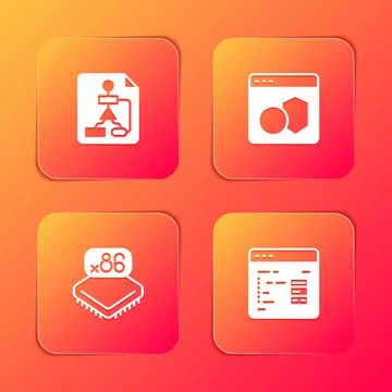 Set Flowchart, Software, Processor with microcircuits CPU and icon. Vector Illustrazione stock