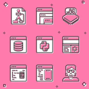 Set Flowchart, Software, Processor with microcircuits CPU, Server, Data, Web Stock Illustration