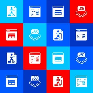 Set Flowchart, Software, Search engine and Processor with microcircuits CPU icon 스톡 일러스트