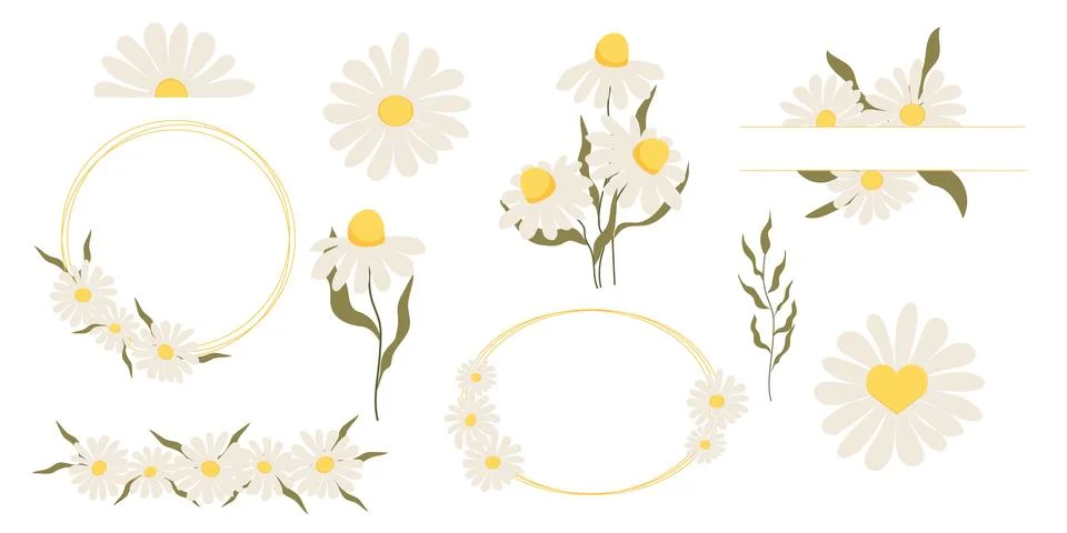 Set flower border daisy frames, floral decorations. Cute stickers, collection Stock Illustration