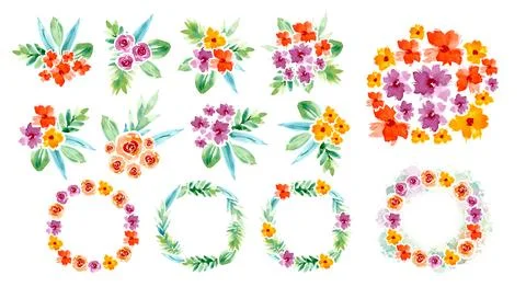 A set of flower bouquets and frames of buds and leaves Illustrazione stock