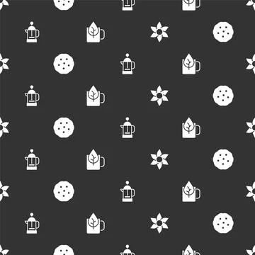 Set Flower, Cookie or biscuit, French press and Cup of tea with leaf on seamless Stock Illustration