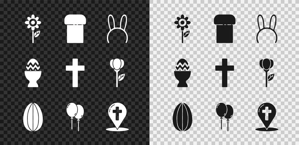 Set Flower, Easter cake, Mask with long bunny ears, egg, Balloons ribbon, Map Stock Illustration