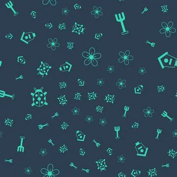 Set Flower, Garden rake, Ladybug and Bird house on seamless pattern. Vector Stock Illustration