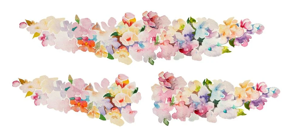 Set of flower garlands elements painted in watercolor on white paper. Sketch  Stock Illustration