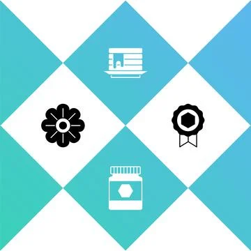 Set Flower, Jar of honey, Stack pancakes and Honey medal icon. Vector Illustrazione stock