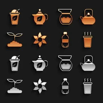 Set Flower, Kettle with handle, Cup of tea, Bottle water, Tea leaf, Teapot, and Illustration