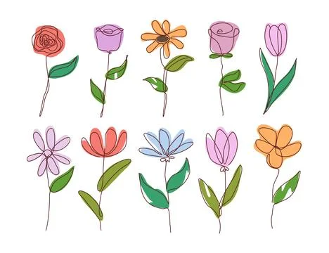 Set of Flower Outline Set Collection with Stems and leaves, Flower Line Art.. Stock Illustration