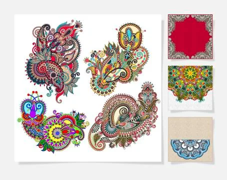 Set of flower paisley design elements, indian pattern 스톡 일러스트