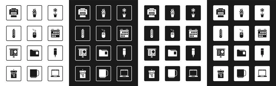 Set Flower in pot, Computer mouse, Stationery knife, Printer, Calendar, Plant Stock Illustration