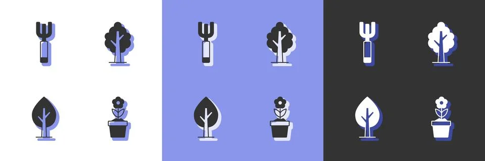 Set Flower in pot, Garden pitchfork, Tree and  icon. Vector イラスト素材