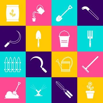 Set Flower in pot, Garden rake, fork, shovel, trowel spade, Sickle, Fertilizer Illustration