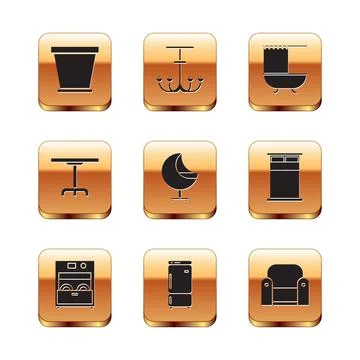 Set Flower pot, Kitchen dishwasher machine, Refrigerator, Armchair, Round table Stock Illustration
