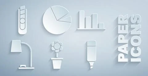 Set Flower in pot, Pie chart infographic, Table lamp, Marker pen, and Stationery イラスト素材