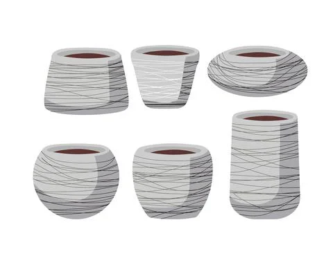 Set of Flower pots isolated on white background. Empty Gray ceramic pots with Stock Illustration