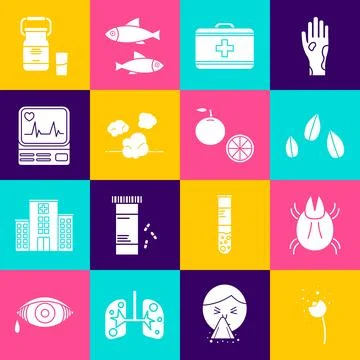 Set Flower producing pollen, Parasite mite, Sesame seeds, First aid kit, Du.. Stock Illustration