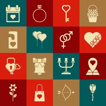 Set Flower rose, Map pointer with heart, Candy shaped box and bow, Key, Balloons Stock Illustration