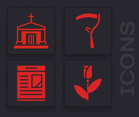 Set Flower rose, Old crypt, Scythe and Obituaries icon. Vector Ilustración de archivo