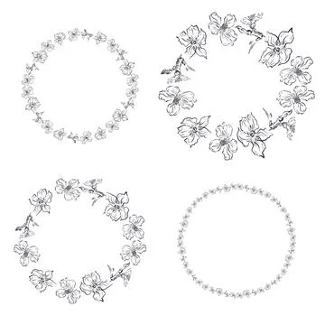 Set of flower round frames for wedding design. Realistic sakura blossom. Hand Stock Illustration