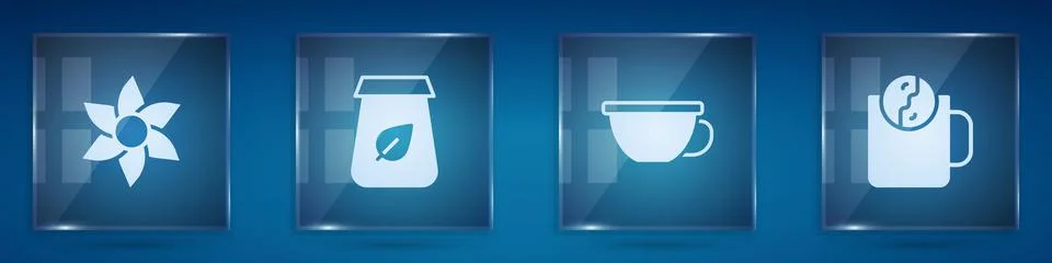 Set Flower, Tea packaging, Cup of tea and time. Square glass panels. Vector Stock Illustration