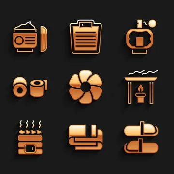 Set Flower, Towel stack, Sauna slippers, Aroma candle, Hot sauna stones, Toilet 스톡 일러스트