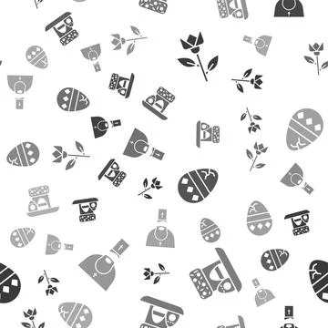 Set Flower tulip, Easter cake and eggs, Cracked egg and Priest on seamless .. Stock Illustration