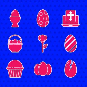 Set Flower tulip, Easter eggs, Broken, cake, Basket with easter, Cross on the Stock Illustration