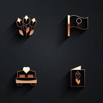 Set Flower tulip, Feminist activist, Bedroom and Greeting card with 8 March.. Stock Illustration