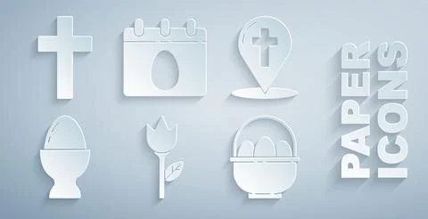 Set Flower tulip, Map pointer with christian cross, Easter egg on stand, Ba.. Stock Illustration