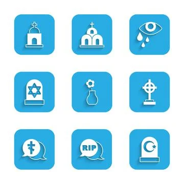 Set Flower in vase, Speech bubble rip death, Muslim cemetery, Grave with cross Illustrazione stock