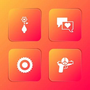 Set Flower in vase, Speech bubble chat, Sun and No war icon. Vector Stock Illustration