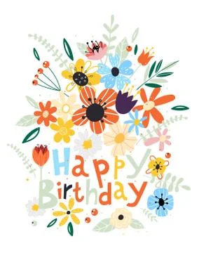 Set of flowers and floral elements isolated on white background.Happy Birthday イラスト素材