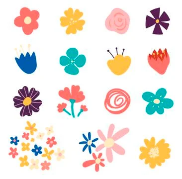 Set of flowers and floral elements isolated on white background. Set of cute Stock Illustration