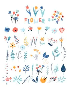 Set of flowers and floral elements. Early spring forest and garden flowers Stock Illustration