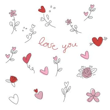 Set of flowers and hearts in handwriting. Illustrazione stock