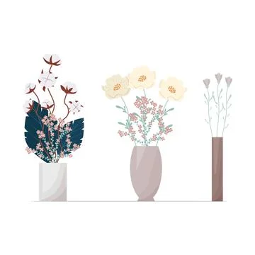 Set of flowers in boho style vases. Composition of flowers vector illustration Stock Illustration