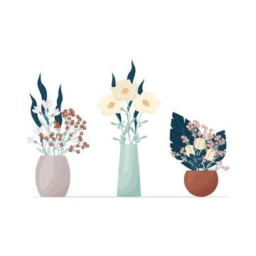 Set of flowers in boho style vases. Composition of flowers vector illustration Stock Illustration