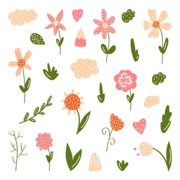 A set of flowers in bright, beautiful spring colors. Cute spring garden and Stock Illustration
