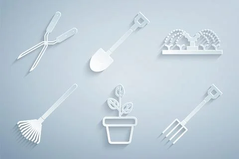 Set Flowers in pot, Automatic irrigation sprinklers, Garden rake for leaves Illustration
