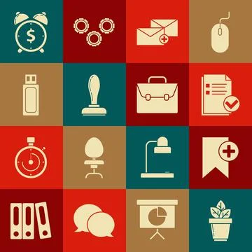 Set Flowers in pot, Bookmark, Document and check, Envelope, Stamp, USB flash イラスト素材